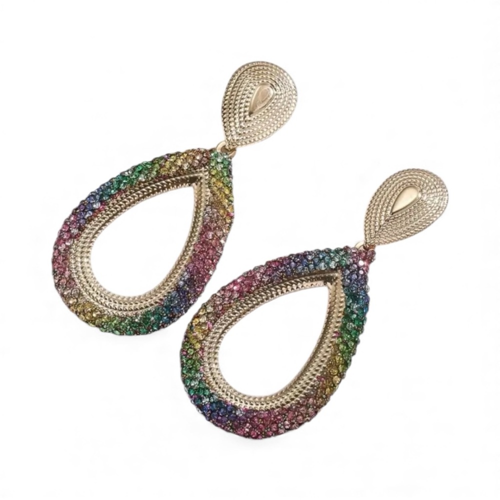 Multi Color Rhinestone Boho Style Teardrop Dangle Earrings
